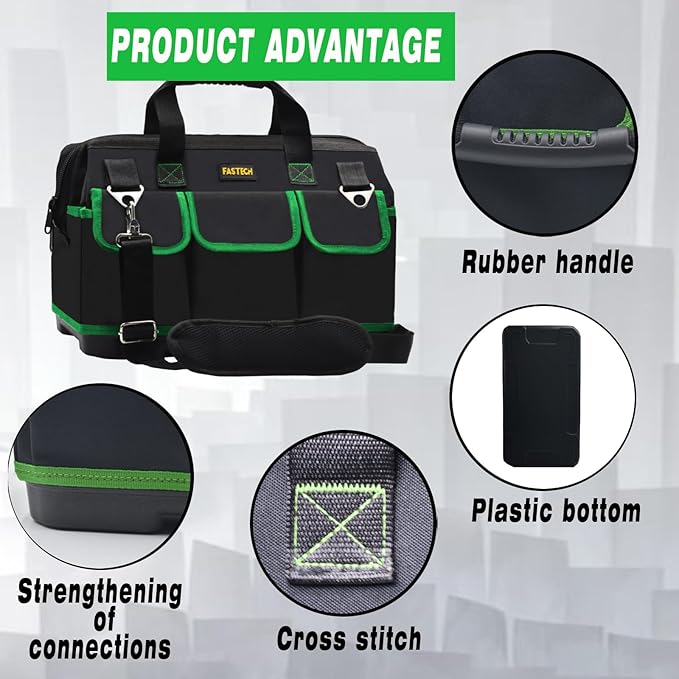 FASTECH 22 Inch Tool Bag With Molded Base and Comfortable Shoulder Straps, Waterproof Wide Mouth Tool Kit, Tool Storage Package For Men/Women (Green22IN)