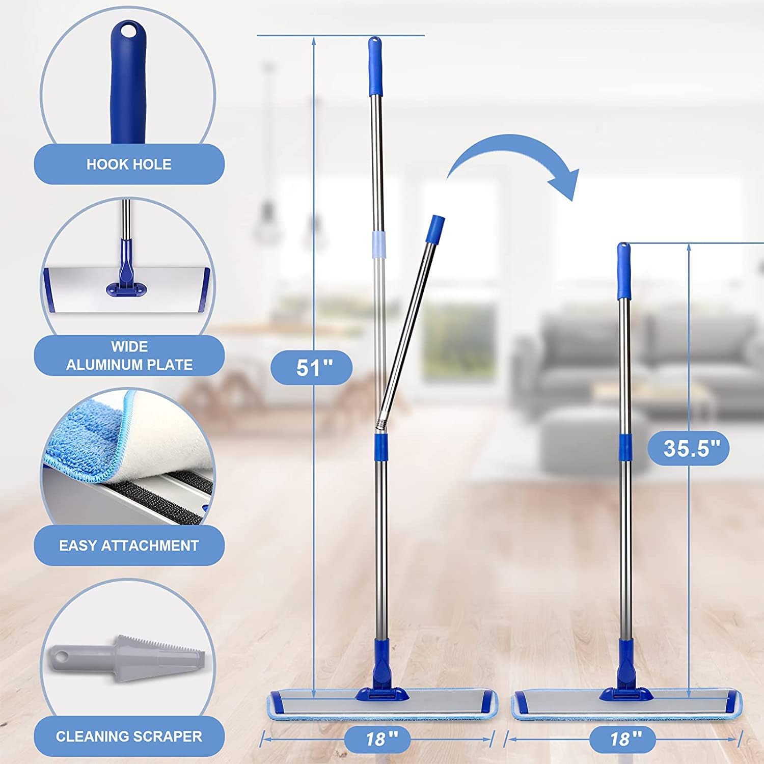 18" Professional Microfiber Mop Floor Cleaning mop, Flat Mop with Stainless Steel Handle,4 Reusable Washable Mop Pads and mop Pads Brush,Microfiber Mop for Hardwood (18" Microfiber Mop)