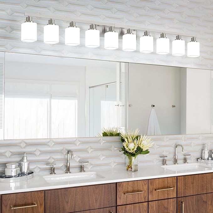 10-Light Bathroom Vanity Light Brushed Nickel,64.5in Vanity Lights with Square Frosted Glass,Modern Bathroom Wall Lights Fixtures Over Mirror,Wall Sconces Lighting for Bedroom Living Room,E26