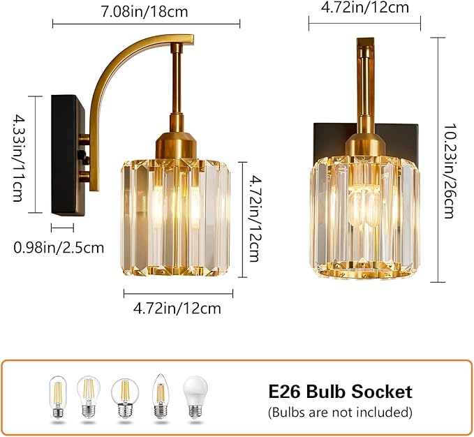 Wall Sconces, Set of 2 Black Gold Crystal Vanity Lights, Modern Wall Lamp for Bathroom, Hallway, and Makeup, Easy Installation