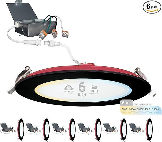 NUWATT 2 Hour 6" Fire Rated Recessed Lighting 6 Inch Wafer LED Lights, 5CCT 2700K/3000K/3500K/4000K/5000K, Wet & IC Rated, 15W, Dimmable 1200LM, 90CRI Black Recessed Light, No Cone Needed, ETL, 6 Pack