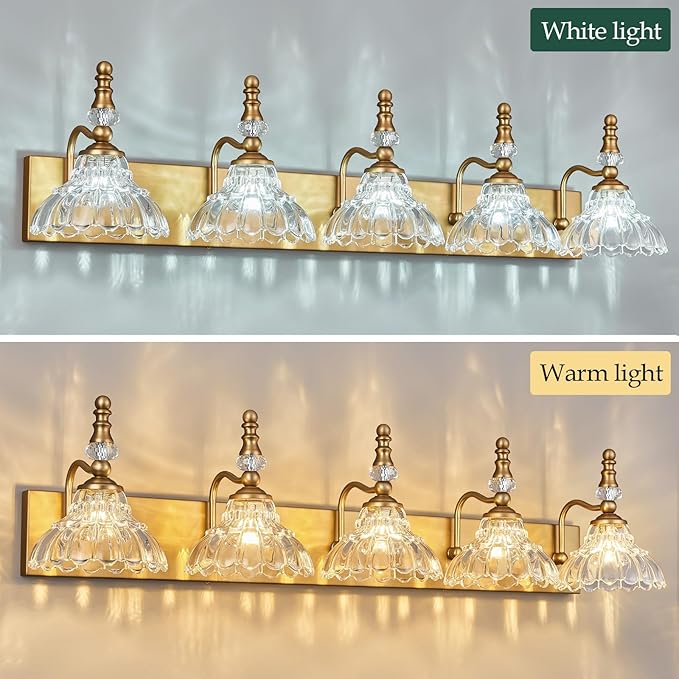 Vintage Bathroom Vanity Light, 5-Light Brass Vanity Lighting Fixture with Flower Glass Shade, Bathroom Lighting Fixtures Over Mirror