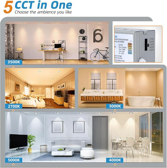 VOLISUN 24 Pack 4 inch Recessed Lighting, 5CCT LED Recessed Light Black, 2700K-5000K Selectable, 9.5W Eqv 80W, 810LM Dimmable Canless Wafer Downlight, LED Ceiling Light ETL Certificated