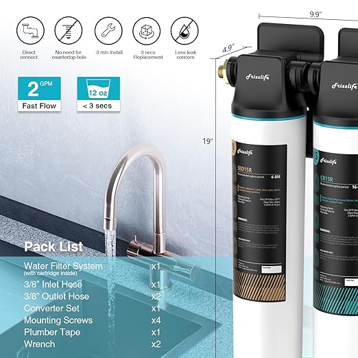 Frizzlife DW15 Under Sink Water Filter System, NSF/ANSI 53&42 Certified Elements, Reduces 99.99% Lead, Chlorine, Fluoride, Bad Taste & Odor, Direct Connect 2-Stage Water Filter, 0.5 Micron, USA Tech