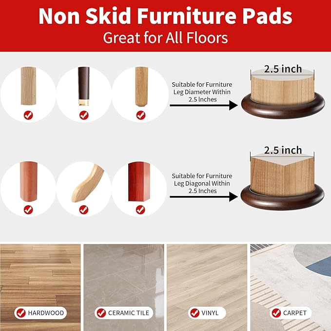 Ezprotekt 2.5 inch Non Slip Round Wood Furniture Pads for Hardwood Floors, 16 Pcs Anti Slip Furniture Coaster for Chair Sofa Bed Couch, Furniture Cups with Anti-Slide EVA Anti-Scratch (Dark Brown)