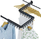 Gezen Clothes Drying Rack, Wall Mounted Drying Rack Clothing Retractable, Foldable Clothes Hanger Rack with 24 Hooks for Laundry Room Organization and Storage, Space Saving, Collapsible, Quad-Fold