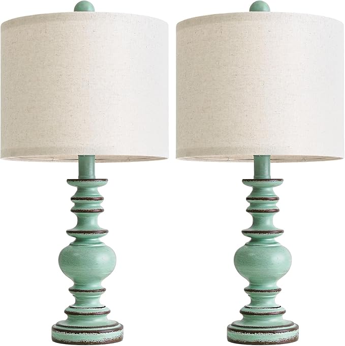 BOBOMOMO 20" Distressed Teal Bedside Lamps Set of 2, Hand-Painted Vintage Resin Lamps with Linen Shades, Cottage Farmhouse Lamp for Living Room, Bedroom, and Hallway, Space-Saving Accent Lamps