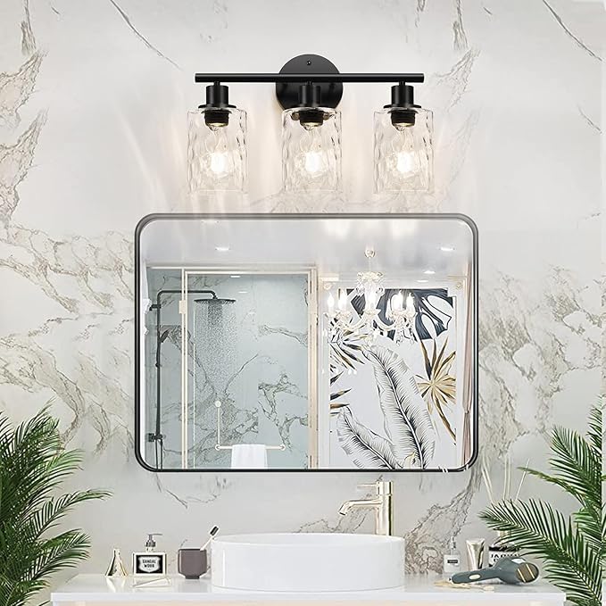 3-Light Bathroom Light Fixtures, Black Modern Vanity Lights with Clear Glass Shade, Bathroom Wall Lamp for Mirror Kitchen Living Room Hallway Cabinet Porch