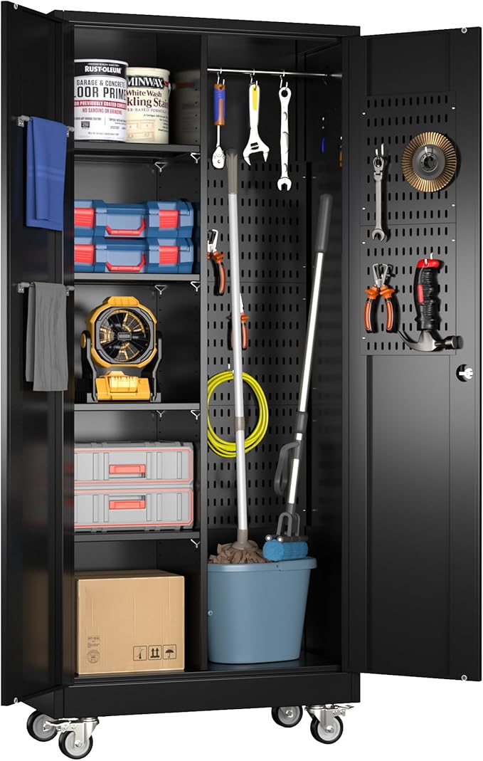 Garage Storage Cabinet with Wheels and 5 Pegboard, Metal Storage Cabinets with 2 Doors and 4 Shelves, Broom Closet Storage Cabinet with Hanging Rod and 13 Hooks, 70.87" Hx33.5 Wx17.7 D, Black