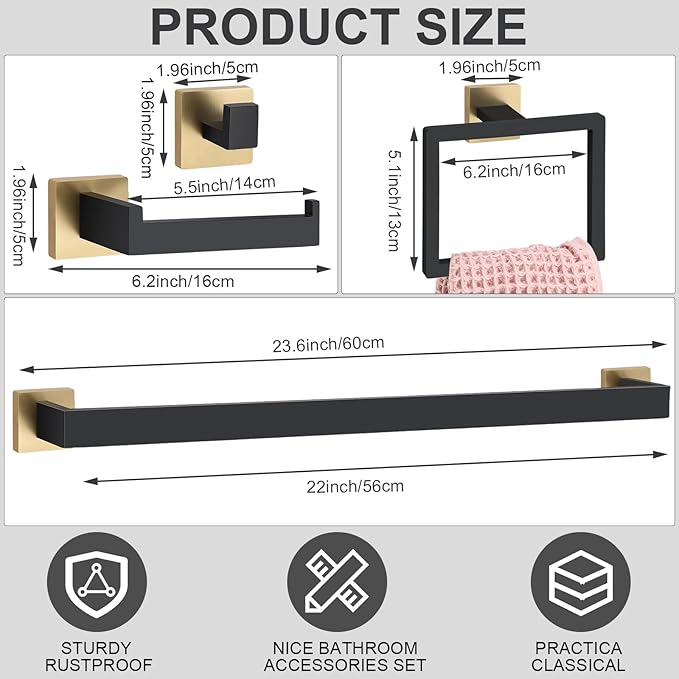 Gisafai 20 Pcs Bathroom Hardware Accessories Set 23.6 Inch Bath Towel Bar Kit Stainless Steel Bathroom Hardware Set Towel Racks Ring Hooks Paper Holder for Wall Mounted (Black Gold)