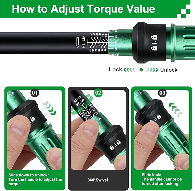 Split Beam Torque Wrench 1/2 Drive, 30-250 ft.lb Split Beam Torque Wrench, 1/2 Drive with Flexible Head, Suitable for Car, Motorcycle