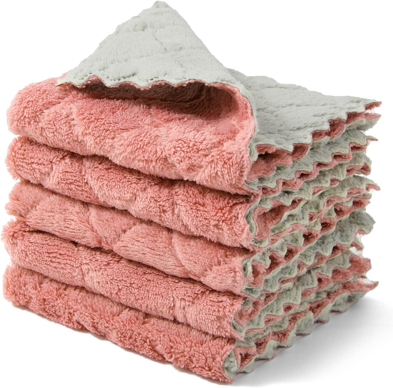 kimteny Cleaning Cloths Kitchen Towels Microfiber Washcloths Lint Free Dish Cloth Reusable Dishtowels Household Super Absorbent Fast Drying, 10"x10", Pack of 5 (Pink-Grey)