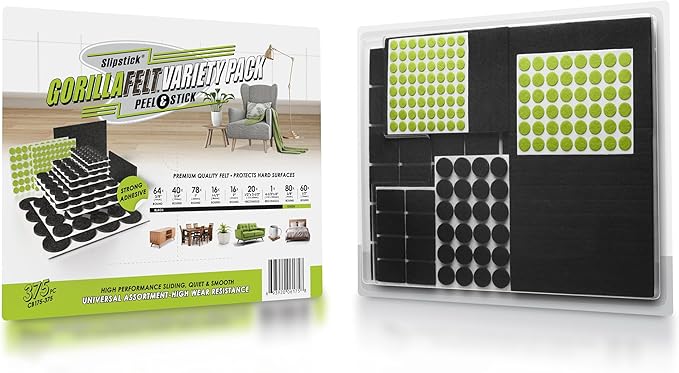 Slipstick Gorilla Felt Furniture Pads (375 Piece Variety Pack) Premium Furniture Pads & Chair Leg Floor Protectors for Hardwood Floors & Hard Surfaces