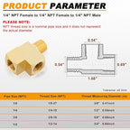 KOOTANS 4 Pack Brass Tee Fittings 1/4" NPT Female to 1/4" NPT Female to 1/4" NPT Male Barstock Street Tee Fittings 3 Way Brass Pipe Fitting