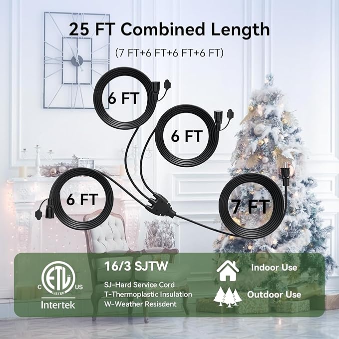 K KASONIC - 25 FT Halloween Lights Outdoor Extension Cord 1 to 3 Splitter, 3 Prong Outlets Plugs, 16AWG/3C SJTW Weatherproof Wire for Holiday Decoration Light, ETL Listed, Black