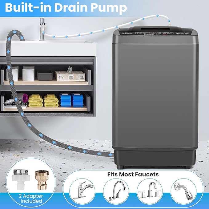 Nictemaw Portable Washing Machine 17.8Lbs, 2.4Cu.ft Full Automatic Portable Washer with 10 Wash Programs, 8 Water Levels & Drain Pump, Compact Laundry Washer for Home, RV, Dorm, Grey