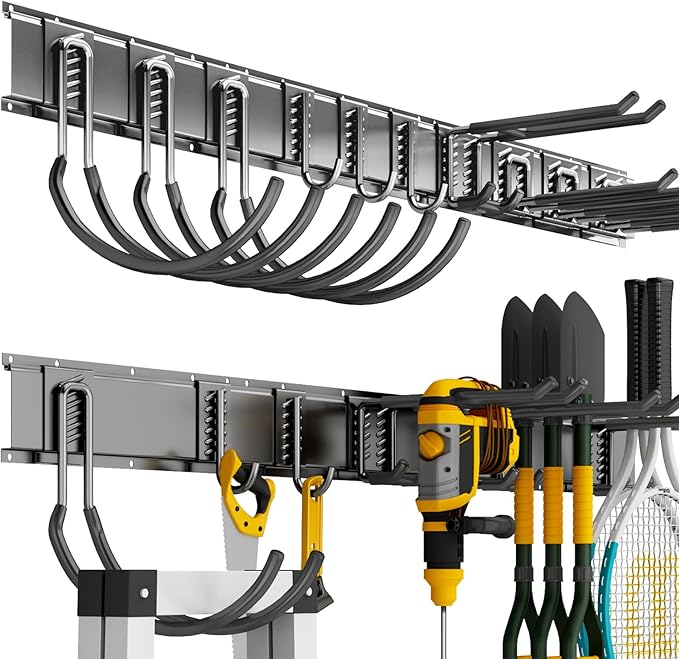 Shed Tool Organizer Wall Mount, 64inch Heavy Duty Garden Tool organizer Storage System, Easy Install With 10 Adjustable Hooks, For Garage, Basement, Shed, Workshop(Black)