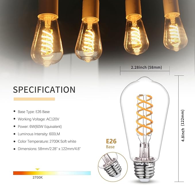 8 PCS Dimmable Vintage LED Edison Bulbs, 6W Equivalent 60 Watt, Warm White 2700K, Antique Flexible Spiral LED Filament Light Bulb, ST58 (ST19), 600 Lumens, E26 Base, Clear Plastic