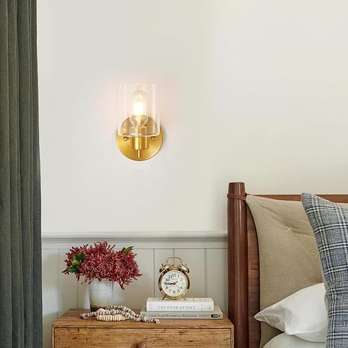 Brushed Gold Wall Sconce, Gold Vanity Light Modernbathroom Light fixtures with Clear Glass Shade Entrance Lamp Hallway Living Room Mount Bathroom Fixtures for Mirror (2PACK)
