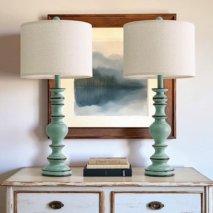BOBOMOMO 27" Distressed Teal Table Lamps Set of 2, Large Coastal Farmhouse Resin Lamps with Linen Shades, Blue Green Lamps for Living Room, Bedroom, or Console Table Home Décor