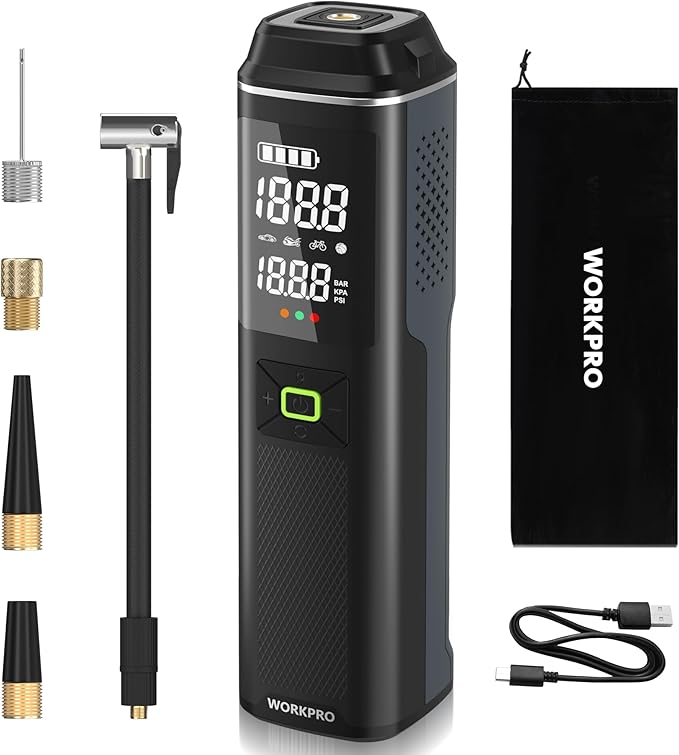 WORKPRO Portable Tire Inflator, 7.2V/12V Small/Mid/Large Air Compressor, Digital Display, Auto Shut-Off, 5 Modes, LED Light, High Airflow, for Car, Motorcycle, Bike, Balls