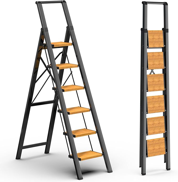 GameGem 6 Step Ladder for 12 Feet High Ceiling, Lightweight Aluminum Folding Step Stool with Convenient Handgrip, Stepladders with Anti-Slip and Wide Pedal for Home Use Space Saving - Black+Woodgrain