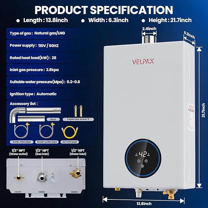 Natural Gas Tankless Water Heater,4.74GPM 18L Indoor,Instant Hot Gas water heater,Constant Natural Water Heater with Fahrenheit Digital Display,Multi-Protection