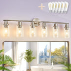 DLLT 6-Light Bathroom Light Fixtures: Nickel Modern Vanity Lights with E26 Bulbs - Clear Glass Shade Bathroom Wall Lamp for Mirror Kitchen Living Room Hallway Cabinet Porch
