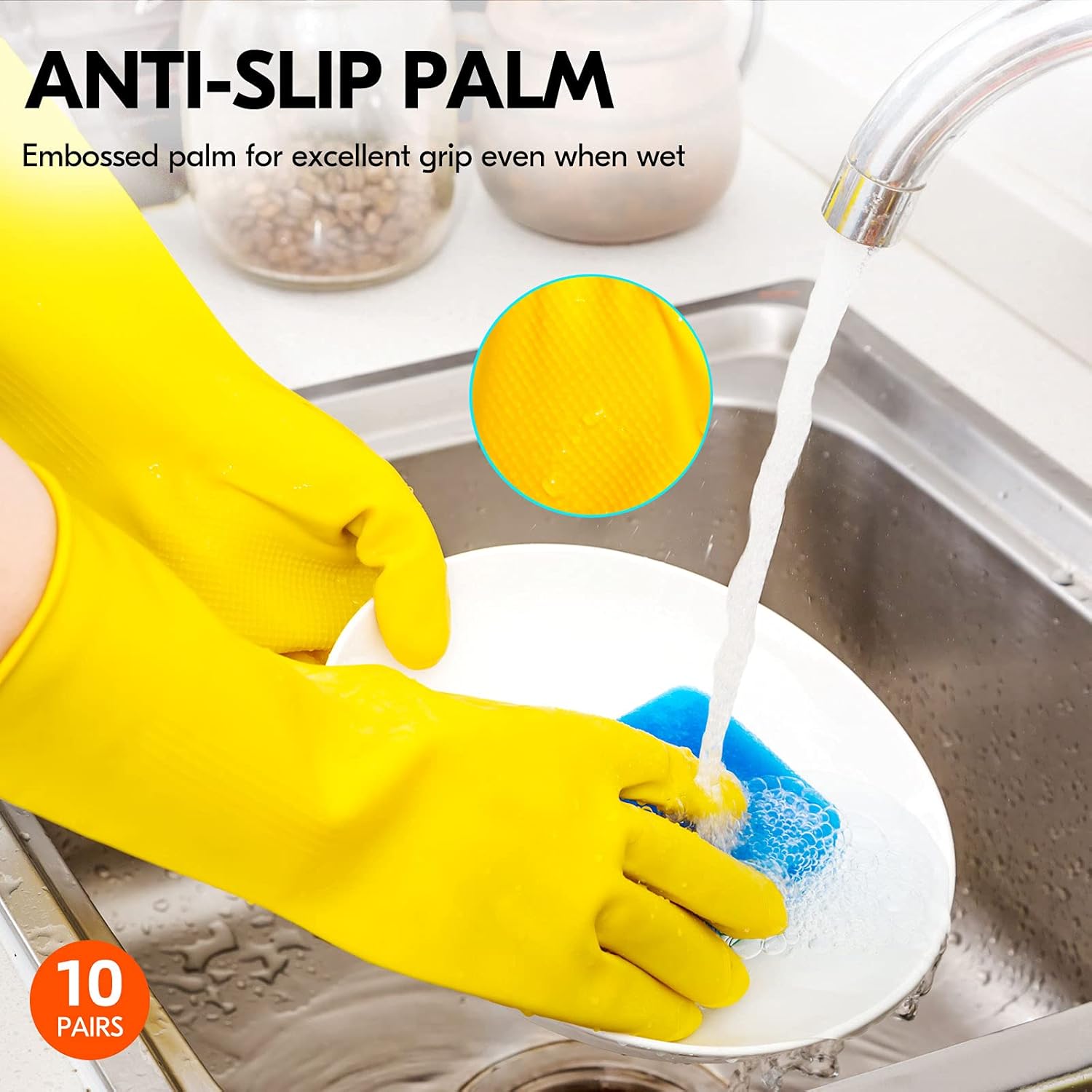 Vgo... 10-Pairs Reusable Household Gloves, Rubber Dishwashing gloves, Extra Thickness, Long Sleeves, Kitchen Cleaning, Working, Painting, Gardening, Pet Care (Size L, Yellow, HH4601)
