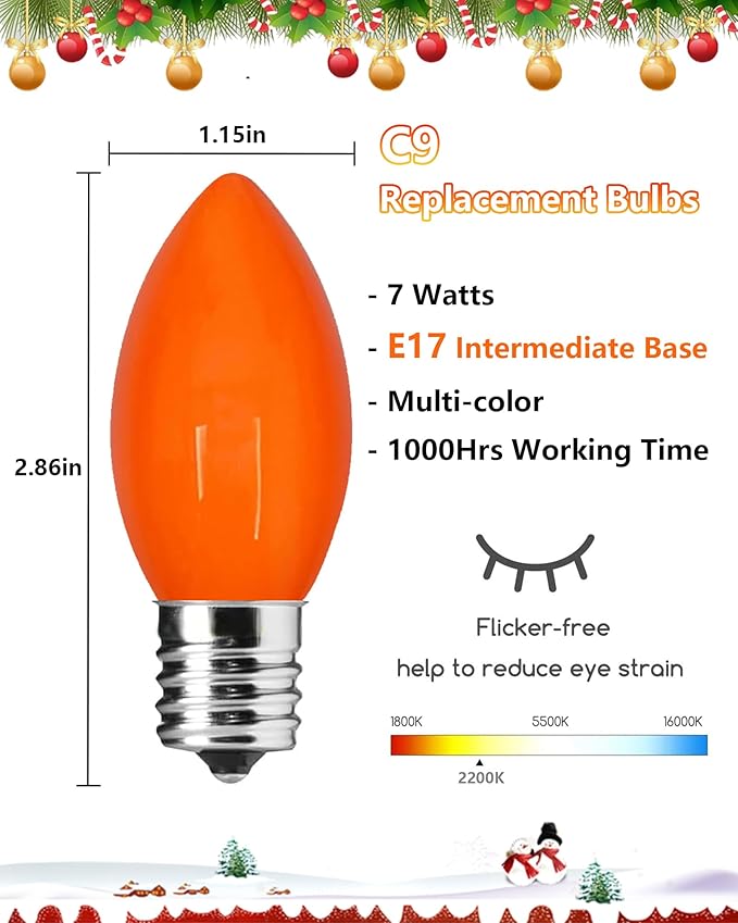 C9 Christmas Light Bulbs 25 Pack, C9 Ceramic Multicolor Replacement Bulb Incandescent Light Bulbs, E17/C9 Intermediate Base Bulb for Patio Outdoor Christmas String Lights, 7 Watts