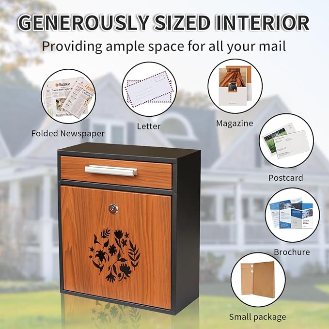 Wall Mount Mailbox, Large Capacity Mailbox for House Outside Galvanized Steel Rust-Proof Metal Post Drop Box, 12"×10.5"×4.7" Flower Hollowed Wooden Patterned Metal Sheet Black