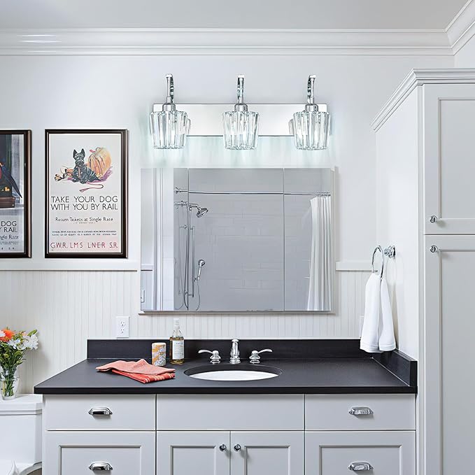 Modern Bathroom Vanity Light, 3-Light Chrome Wall Sconce with Crystal Accents, Over Mirror Bathroom Lighting Fixture, 23.62" Long Dimmable Vanity Lamp for Makeup, Easy Installation