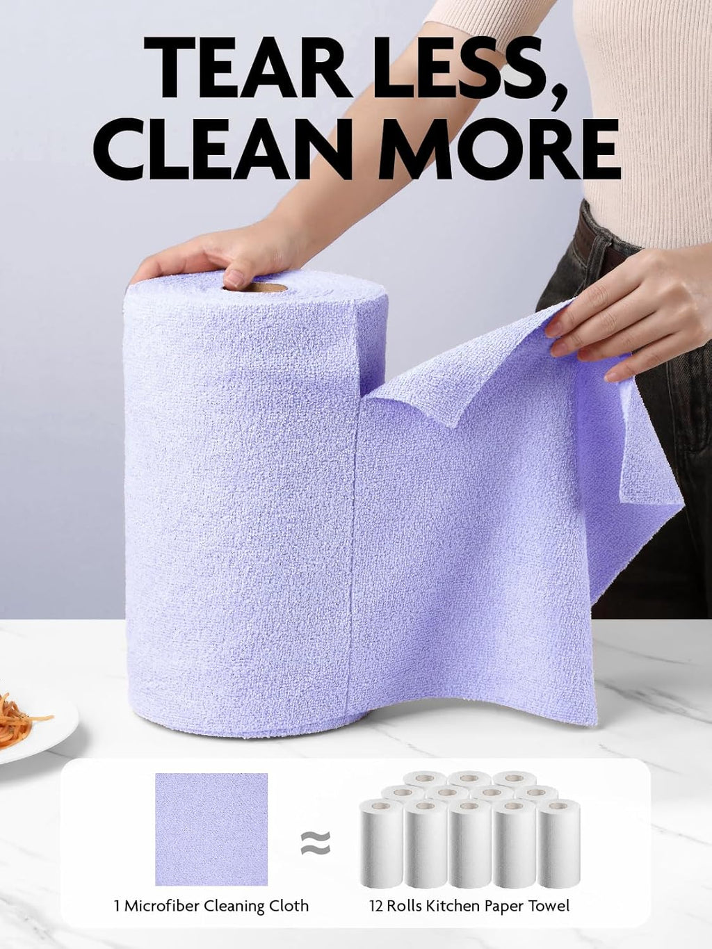 Fantasticlean Microfiber Cleaning Cloth Roll -75 Pack, Tear Away Microfiber Towels, 12" x 12", Reusable, Washable, Scratch Free, Ultra Absorbent Dishcloth for Home Supplies, Car, Pet (Lavender)