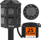 TiFFCOFiO Outdoor Power Strip Timer, Dusk to Dawn Light Sensor Countdown, 25 Feet Extension Cord Waterproof, 6 Grounded Outlets for Halloween and Christmas Decorations, ETL Listed (25 FT)