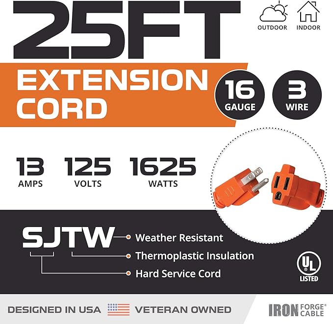 Iron Forge Cable Weatherproof 25 Ft Outdoor Extension Cord - 16/3 SJTW 13 Amp Heavy Duty Highly Visible Orange Extension Cord 3 Prong - Lighted End