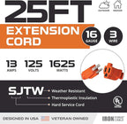 Iron Forge Cable Weatherproof 25 Ft Outdoor Extension Cord - 16/3 SJTW 13 Amp Heavy Duty Highly Visible Orange Extension Cord 3 Prong - Lighted End