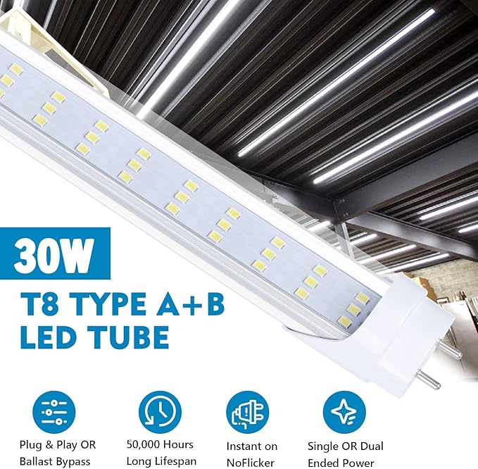 12 Pack, 4FT LED T8 Type A+B Tube Lights, 30W(80W Equivalent), 4000LM, 6000K, Clear Cover, Single or Double End Powered, Ballast Bypass, 4 Foot T10 T12 Fluorescent Bulbs Replacement