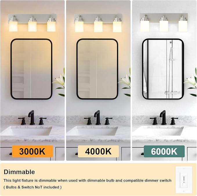 IZORRO Bathroom Vanity Light Fixture, 3-Light 22 Inch Brushed Nickel Bathroom Light Fixtures Over Mirror, with White Glass Shade, Modern Farmhouse Vanity Lights, Rustic Restroom Lighting Fixtures