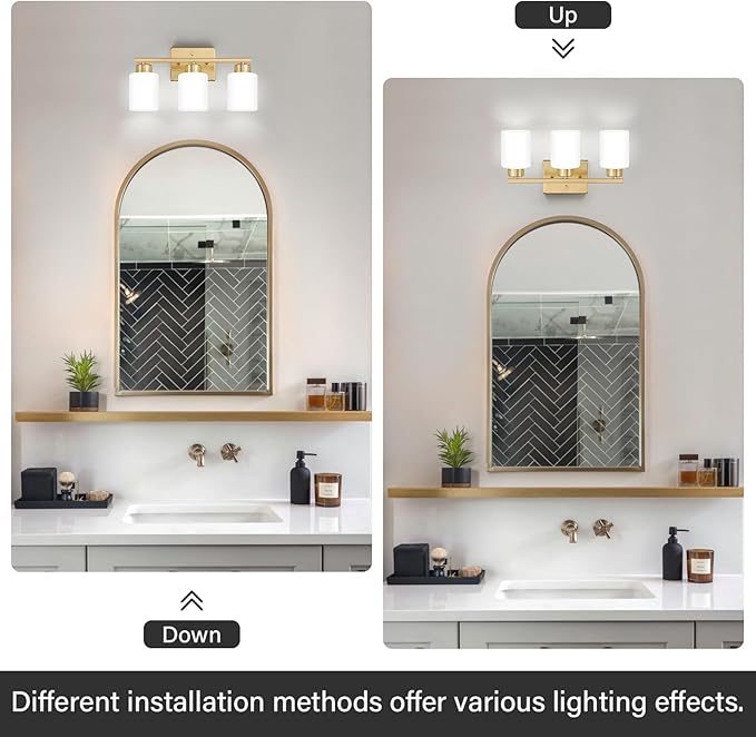 Gold Bathroom Light Fixtures, 3-Light Modern Vanity Light Over Mirror, Wall Sconces with Milky White Frosted Glass Shades, E26 Socket (Bulbs Not Included)