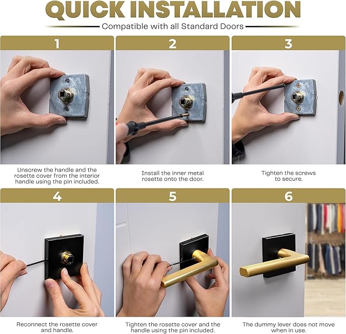 Mega Handles Prime Dummy Lever, Door Handle for Closet or French Doors, Single Side Door Levers, Fits All Standard Door Sizes, Covered Screws Included - Matte Black/Satin Brass (2 Pack) 5"