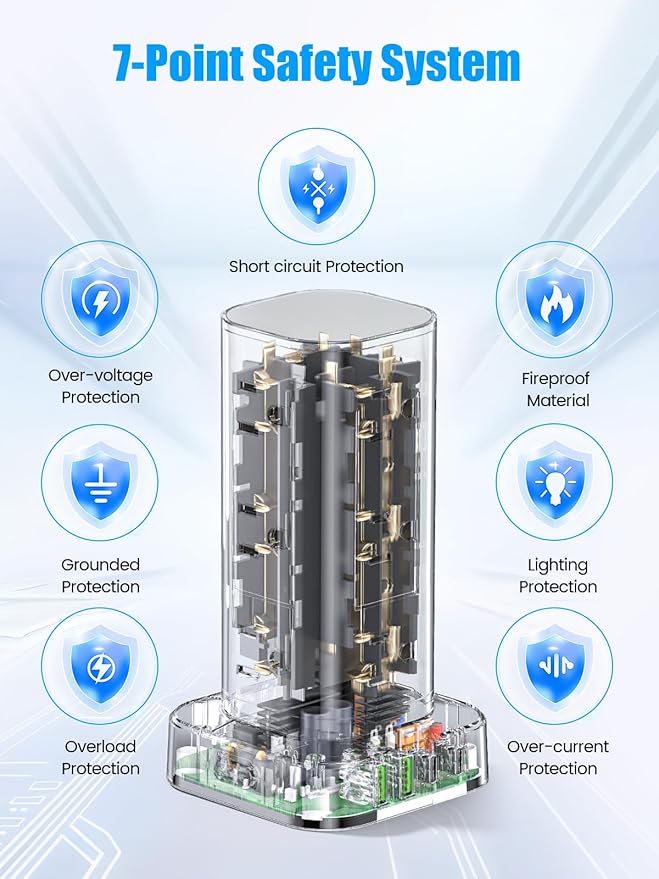 Tower Power Strip with 15W Wireless Charger, 10FT Flat Plug Extension Cord with Multiple Outlets, 12 AC Outlets, 4 USB Ports (2 USB C) Charging Station Surge Protector for Office Home Dorm Room(White)