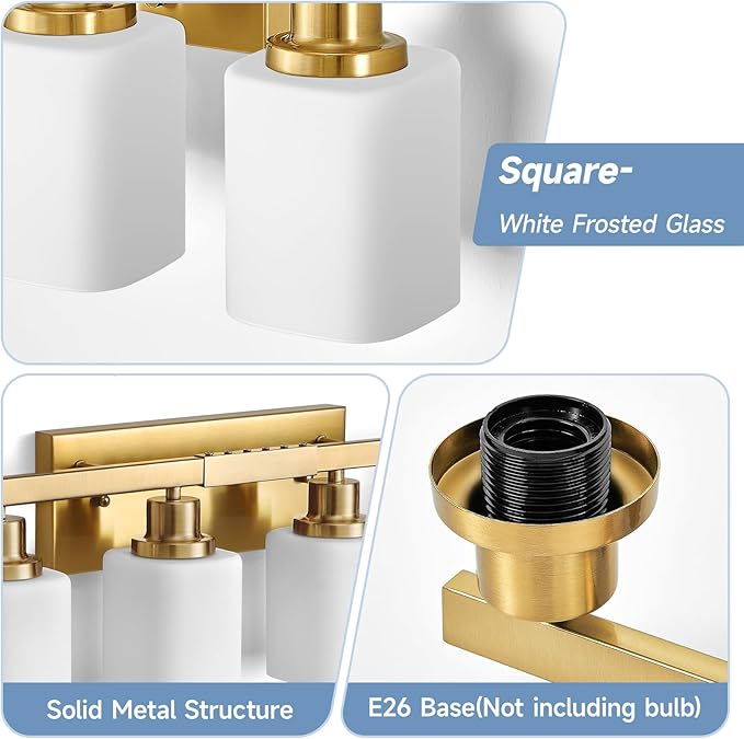 Bathroom Vanity Light,8-Light Brushed Gold Bathroom Light Fixtures with Square Frosted Glass,Gold Wall Lamp Sconces for Mirror Bedroom,Living Room Hallway,E26