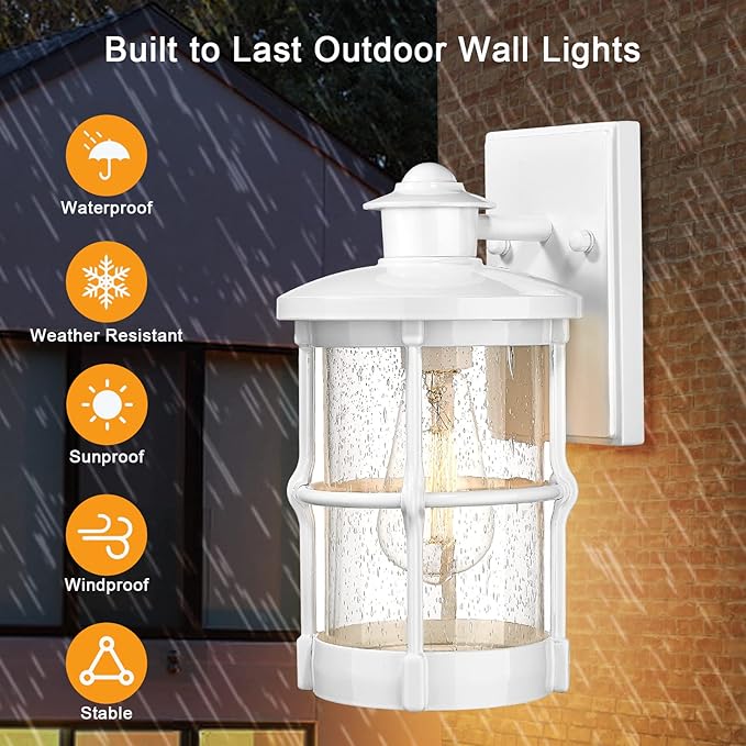 Modern Outdoor Wall Light Fixture with Seeded Glass - White Finish, 2 Pack for Front Porch, Entryway, Garage, Backyard