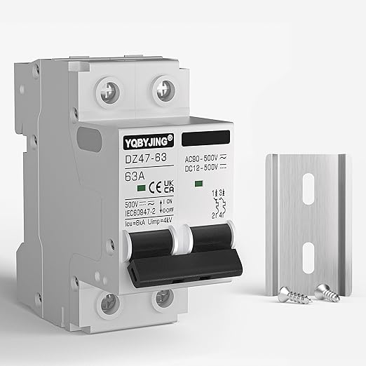 DC Circuit Breaker 63 Amp Solar Panel Disconnect Switch 12V-500V 2 Poles Miniature Solar Circuit Breaker for Outdoor PV Homes Battery, AC 110V DIN Rail MCB