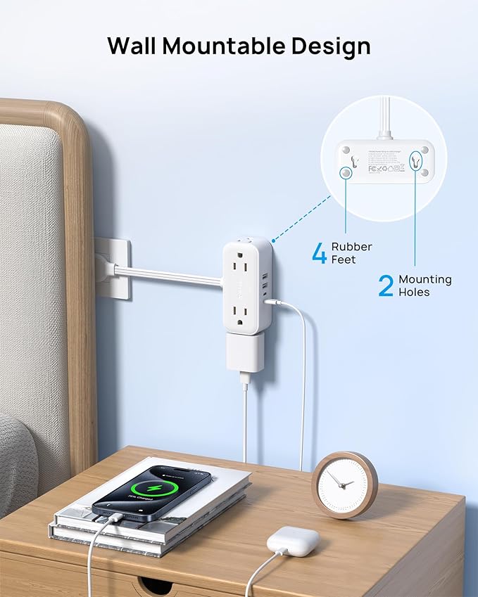 TROND Outlet Extender with 6 Inch Cord, Flat Plug Adapter for Inverted Sockets, 4 Electrical Sockets, 4 USB Ports, Multi Plug Wall Outlet for Home Travel, Cruise Ship Essentials, White