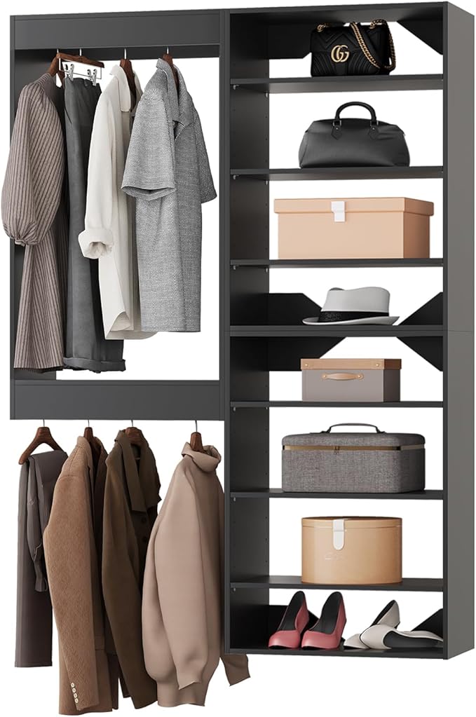 Modular Closet System, 52" Wide Organizer With Towers and Hanging, Wood Tower Storage for Walk In Closets, Wall Mounted Wardrobe Kit, Bedroom, Black