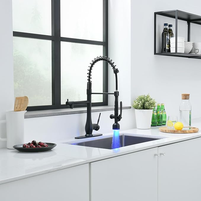 GIMILI Kitchen Faucet with LED Single Handle Kitchen Sink Faucet with Pull Down Sprayer Commercial Double-Headed Stainless Steel Kitchen Faucets Sink with Deck Plate Matte Black