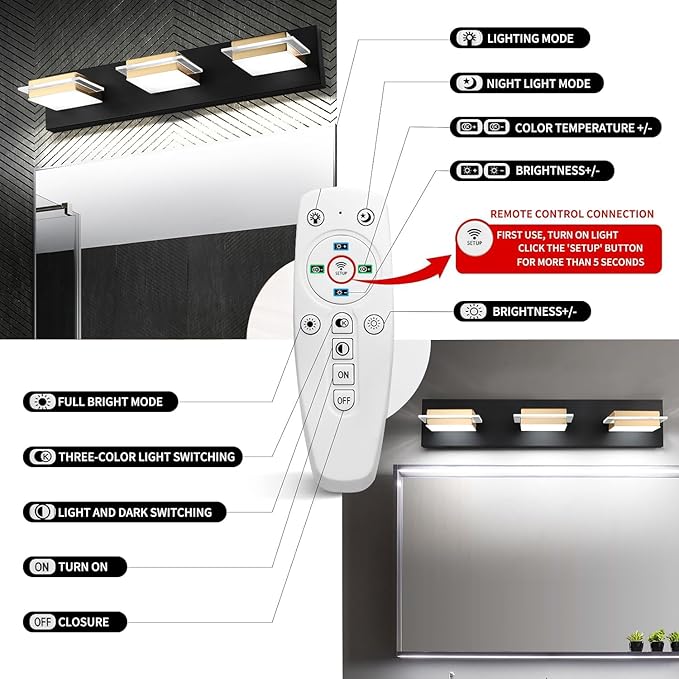 Bathroom Vanity Light Fixtures 3 Lights Dimmable LED Wall Sconce with Matte Black Finish Gold Metal Lampshade White Light 3000K-6000K,3 Color