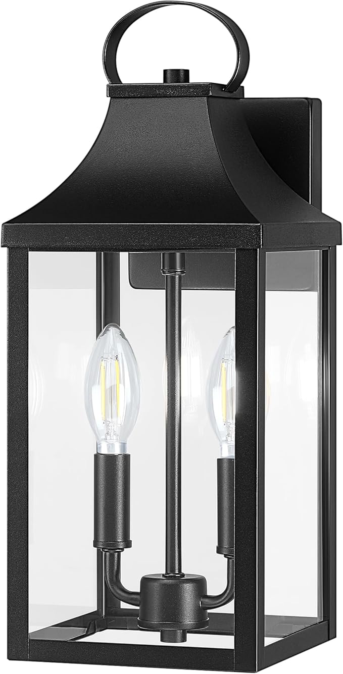 15" Black Outdoor Wall Lantern 2-Light, Outside Modern Wall Sconce Light Fixture, Industrial Porch Light Wall Mount with E12 Sockets, Waterproof Exterior Lamp Lighting, Black