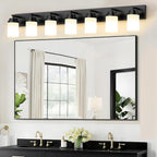 IZORRO Bathroom Vanity Light Fixture, 7-Light 51 Inch Matte Black Bathroom Light Fixtures Over Mirror, with White Glass Shade, Modern Farmhouse Vanity Lights, Rustic Restroom Lighting Fixtures